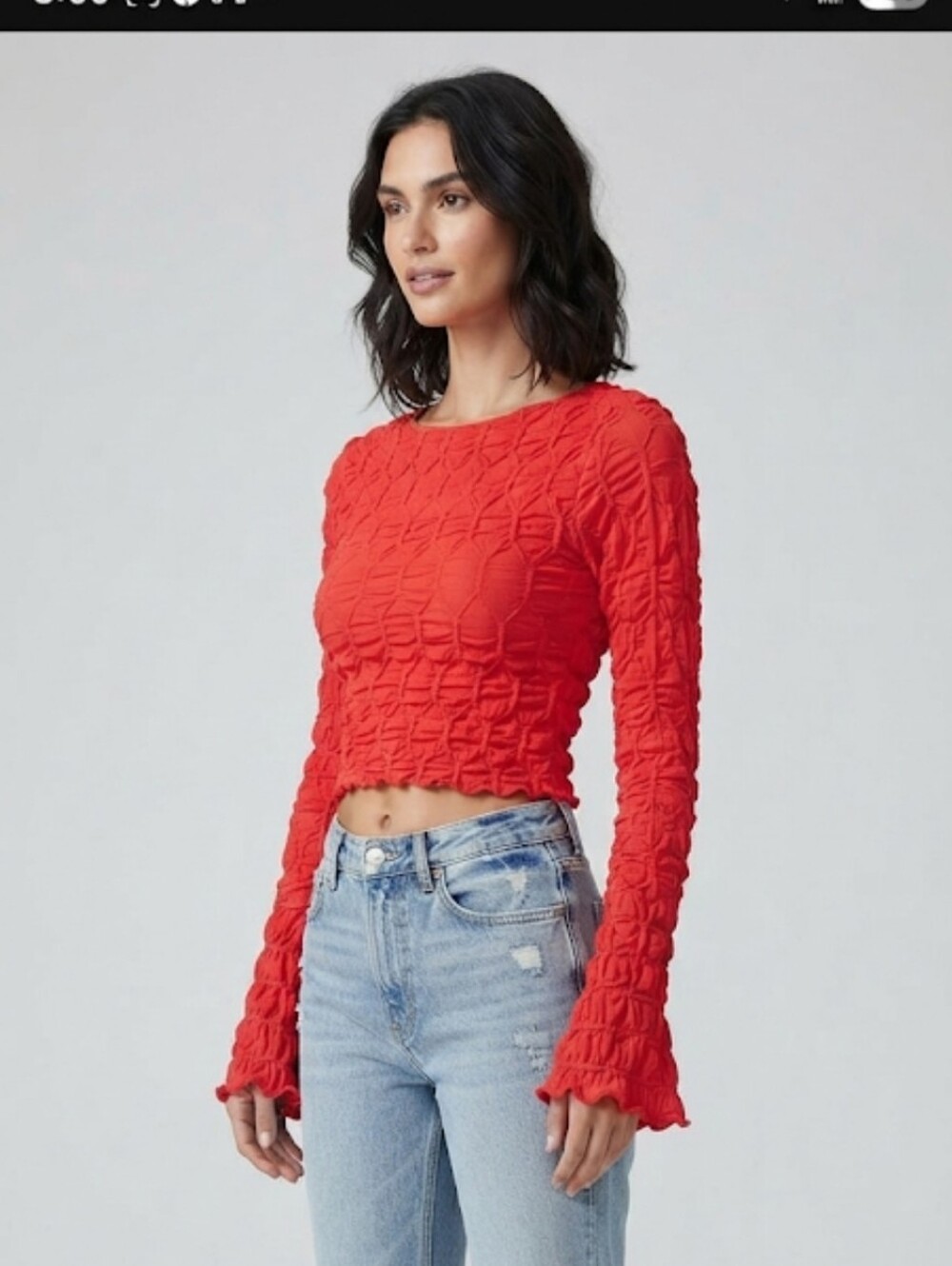 See You Monday LA Red Popcorn Smocked Stretch Long Sleeve Crop Top Size M